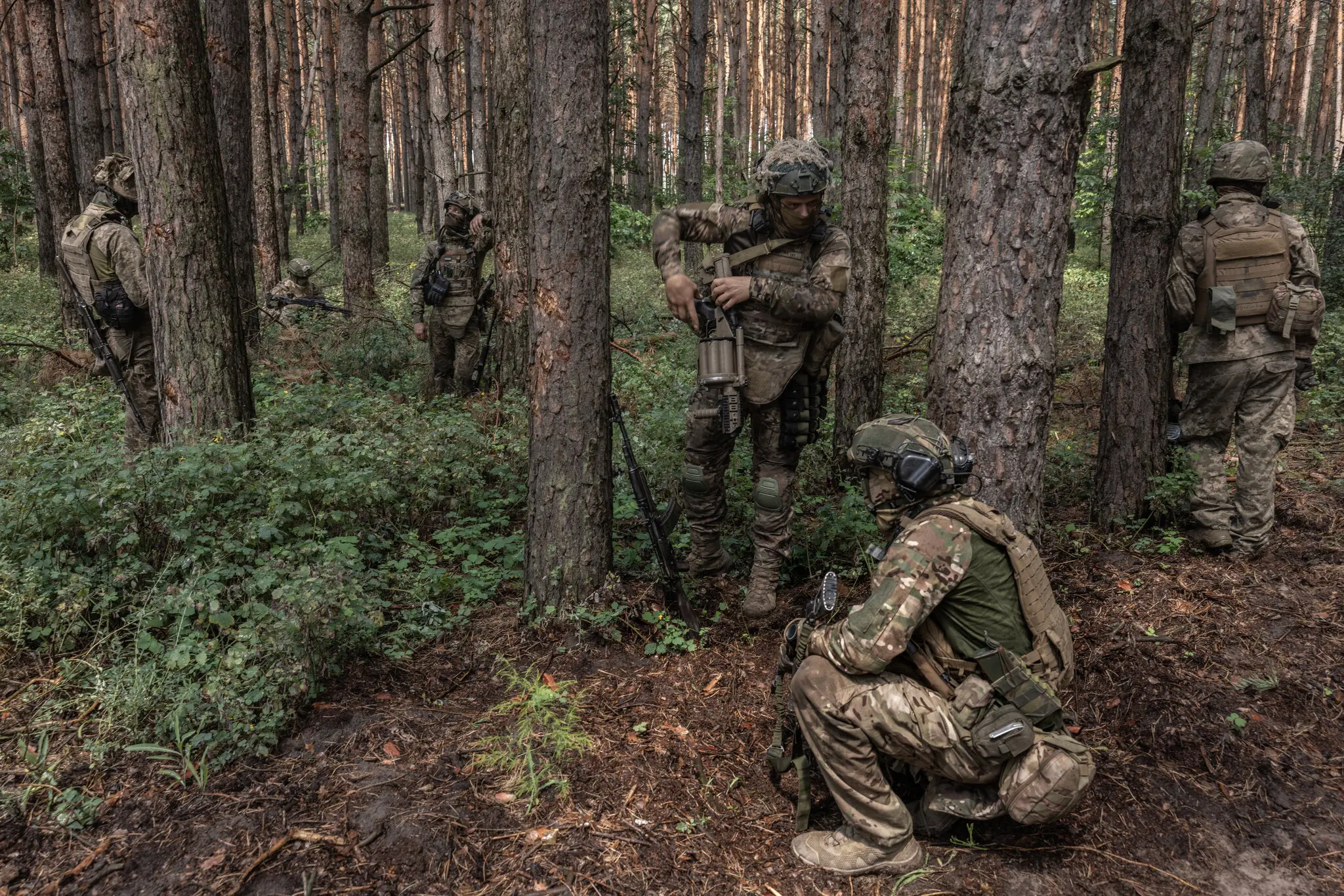 Бійці українського десантного підрозділу ховаються під час просування до передової позиції на сході України 21 липня.